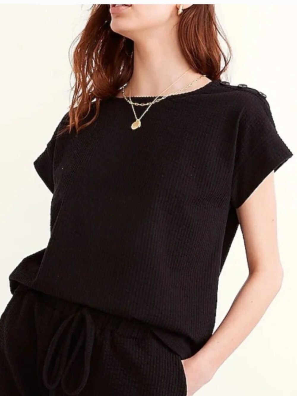 Madewell Black Seersucker Button Shoulder Short Sleeve Cotton Blend Tee Shirt S